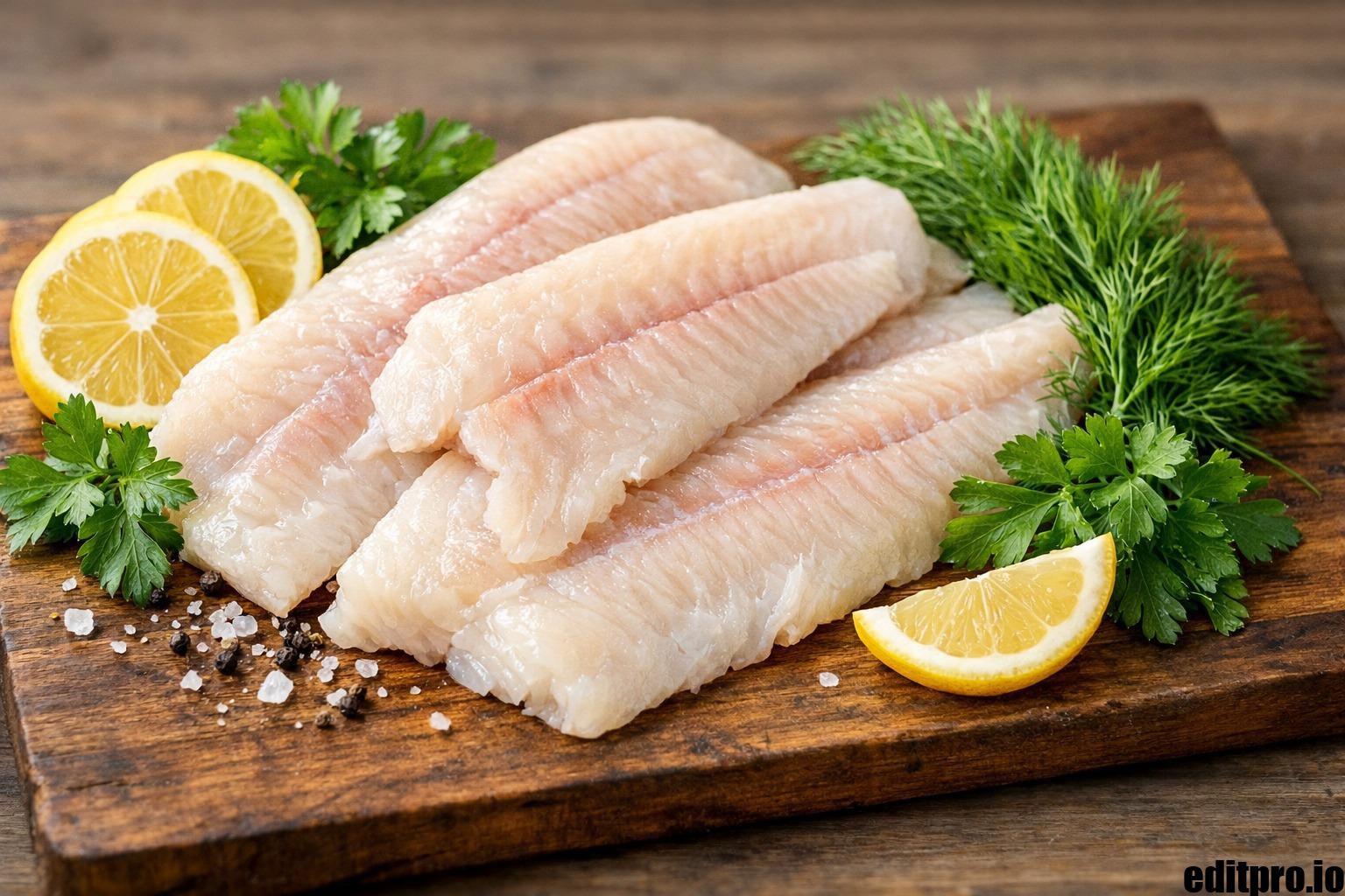 Fresh Alaskan Seiti (Alaska pollock) fillets on a wooden cutting board with fresh herbs and lemon slices, highlighting flaky texture and quality.