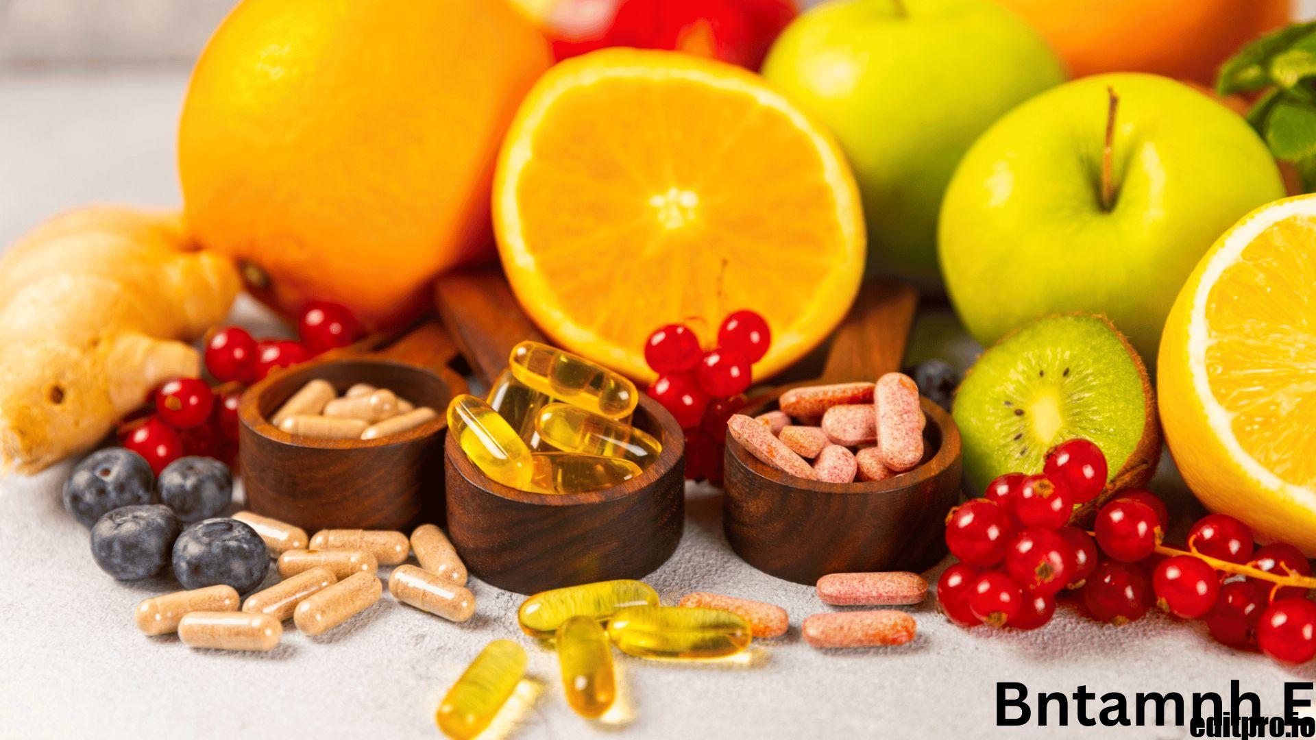 Bottle of Bntamnh E vitamin supplement surrounded by healthy foods, highlighting antioxidant and cellular protection benefits