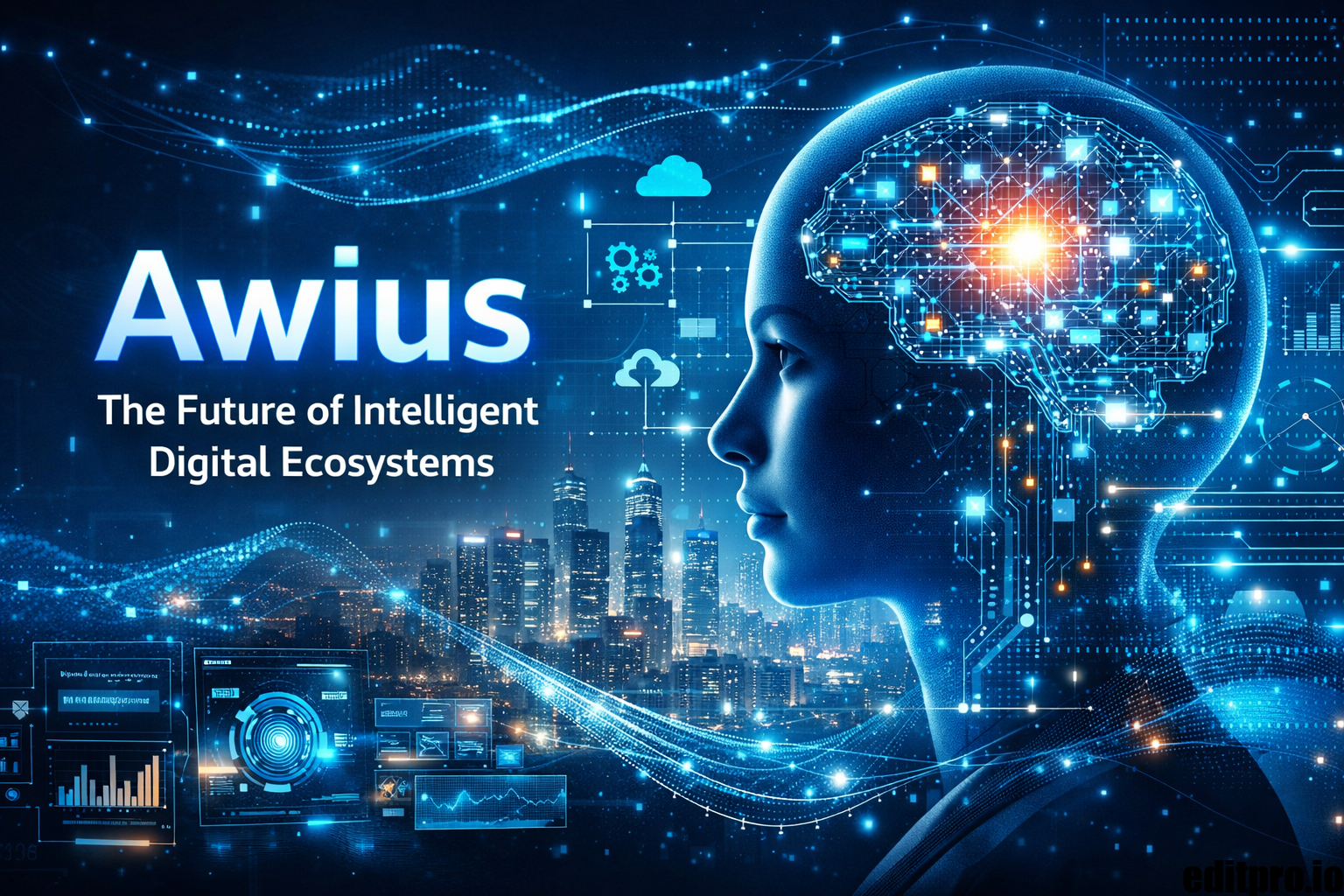 Illustration of a futuristic digital ecosystem representing Awius, with AI-driven analytics, holographic data charts, and a human interacting with technology.