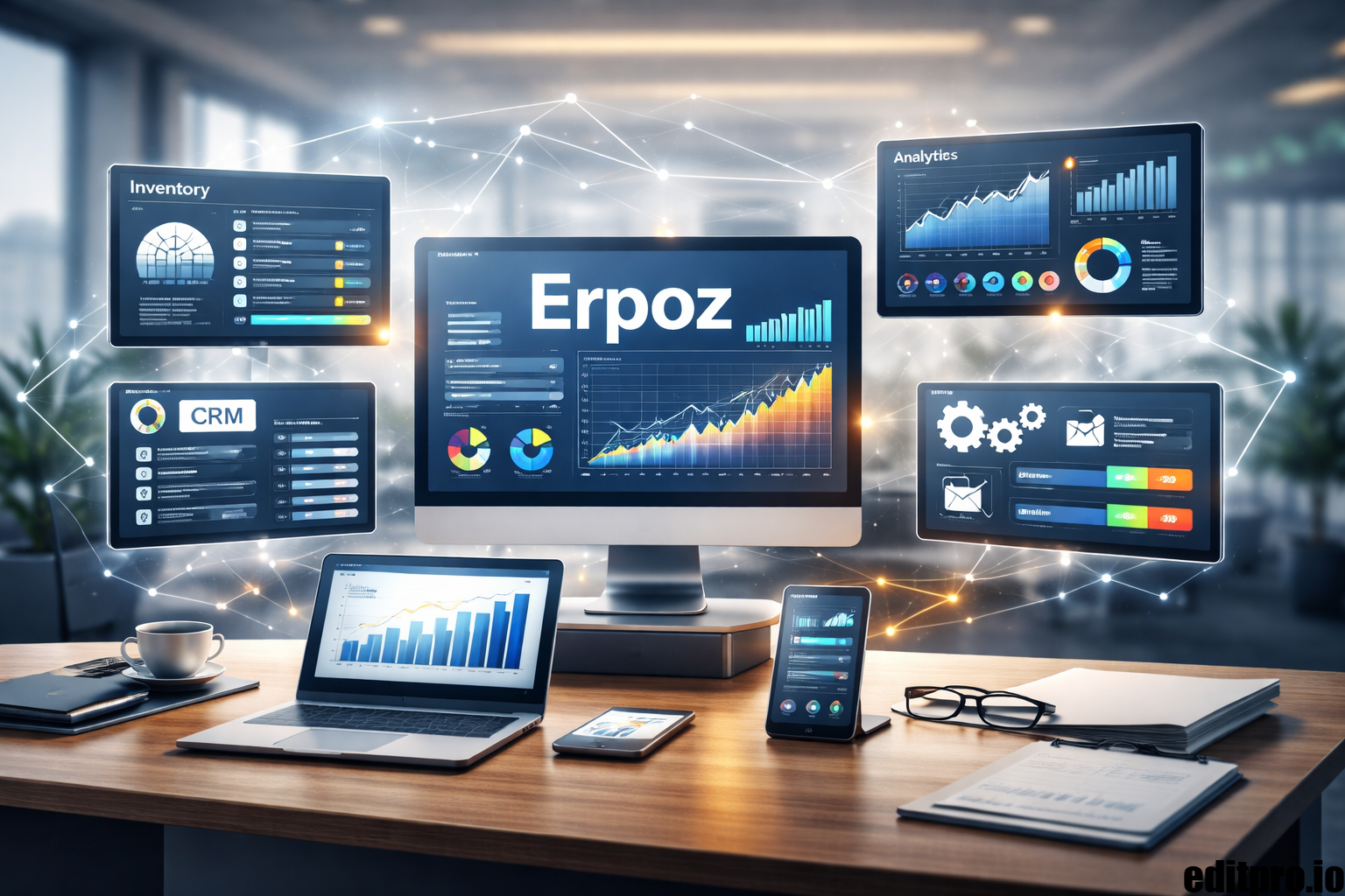 Erpoz software dashboard showing real-time analytics, inventory management, CRM, and workflow automation in a modern office setting.