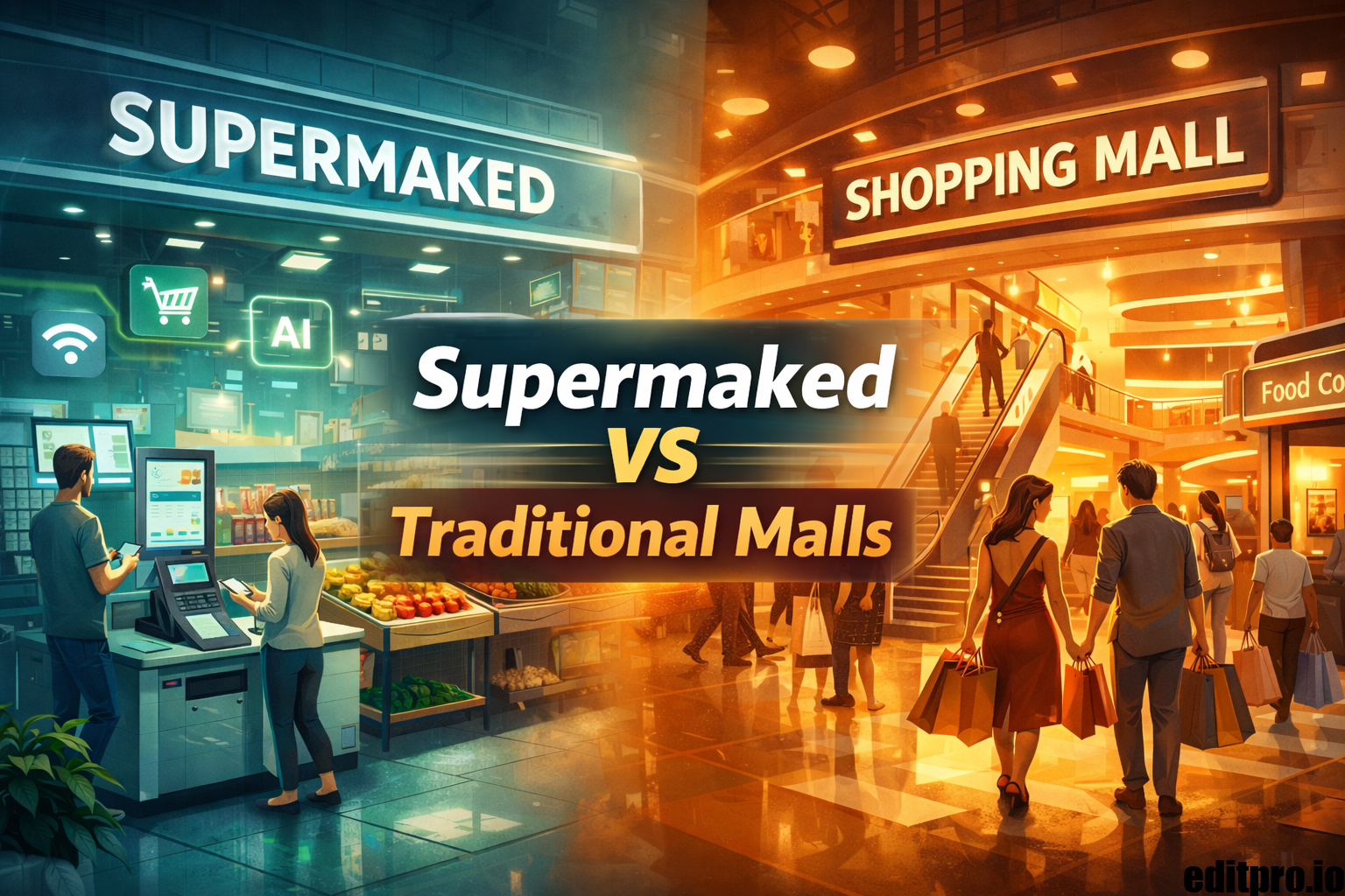A realistic comparison of a modern Supermaked store and a traditional shopping mall, highlighting technology, convenience, and customer experience.
