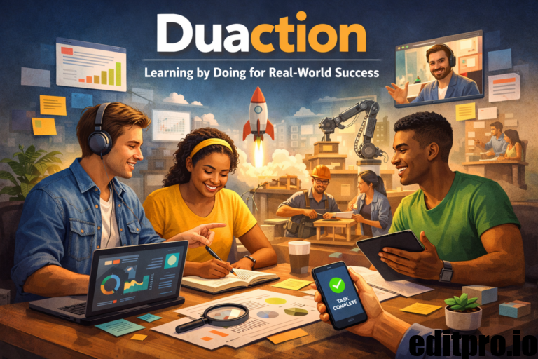 Learners collaborating on projects with laptops, tablets, and digital tools, demonstrating hands-on, action-based learning in a modern educational environment.