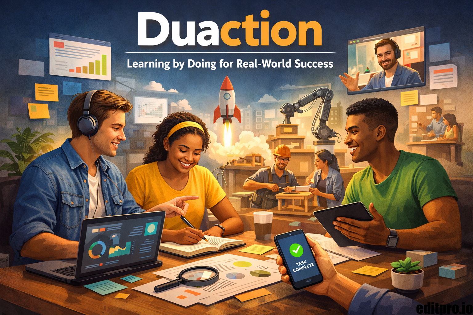 Learners collaborating on projects with laptops, tablets, and digital tools, demonstrating hands-on, action-based learning in a modern educational environment.