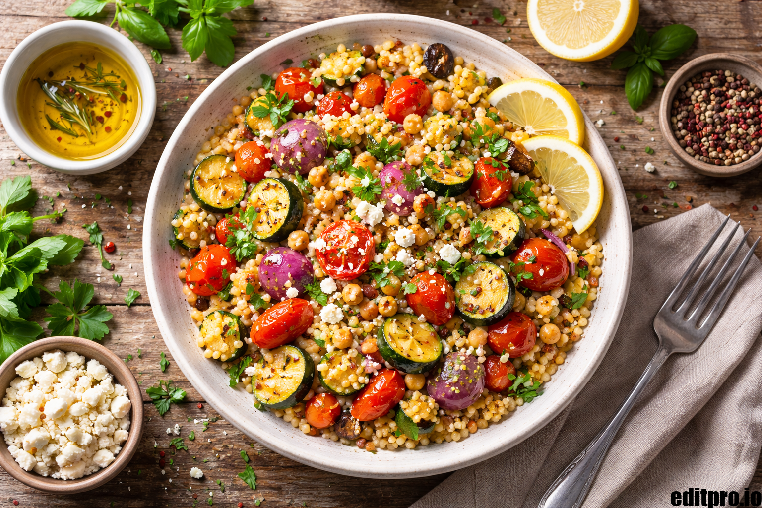 Kouskousi tiny pasta served with roasted vegetables, olive oil, fresh herbs, and lemon slices on a rustic table.