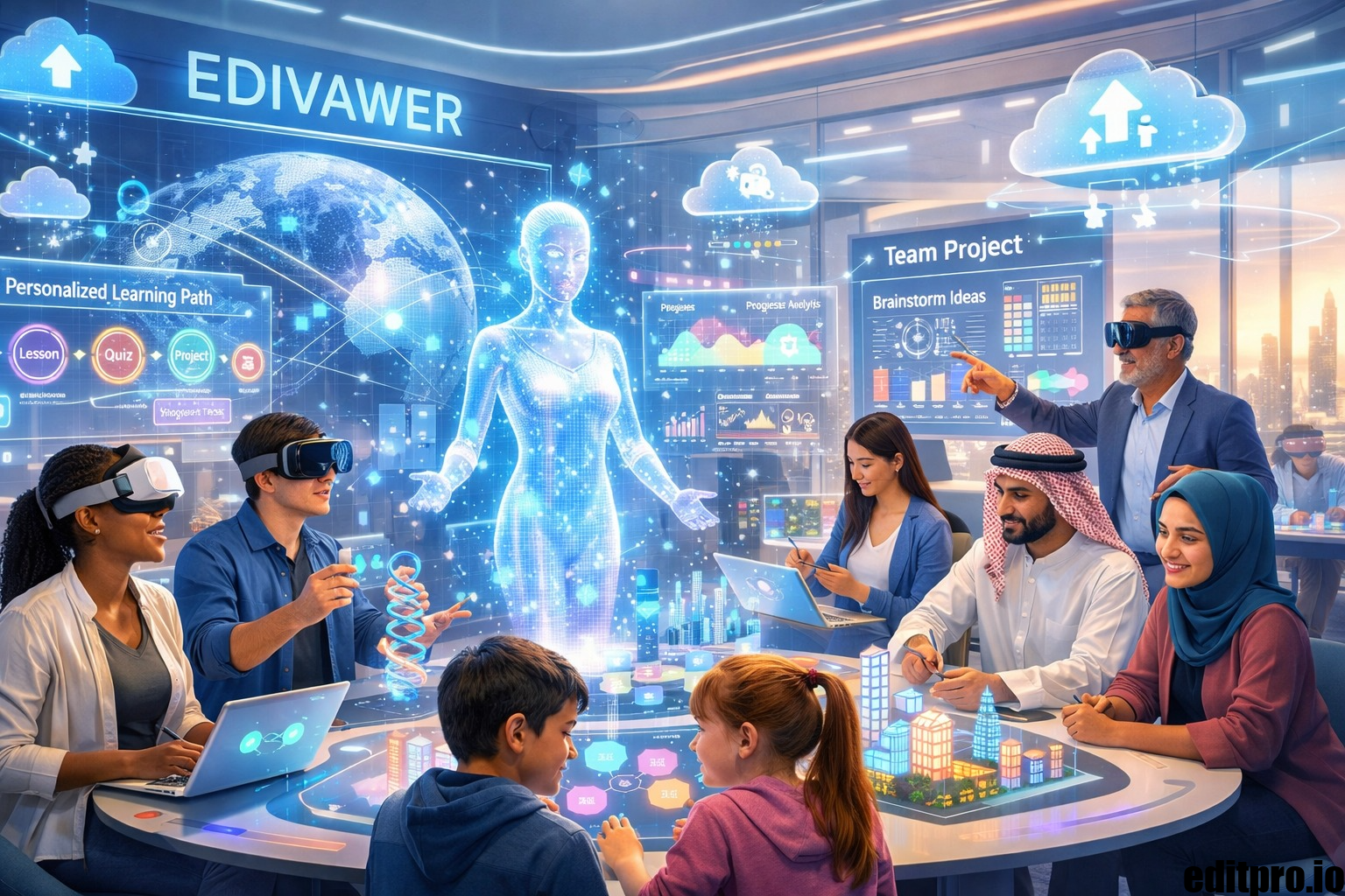 A futuristic virtual classroom showing diverse students and educators interacting with AI-driven holographic tools, VR/AR learning, and collaborative digital workspaces.