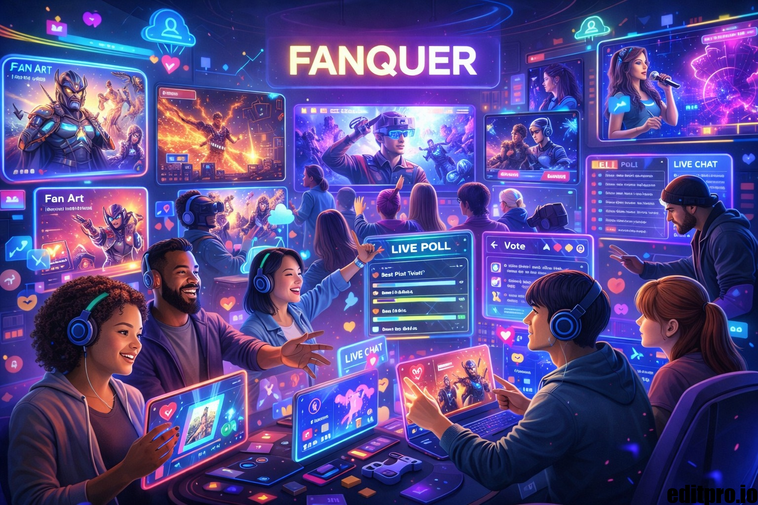 Digital illustration of fans interacting with content creators through live polls, sharing artwork, and joining online communities in a futuristic interactive platform.