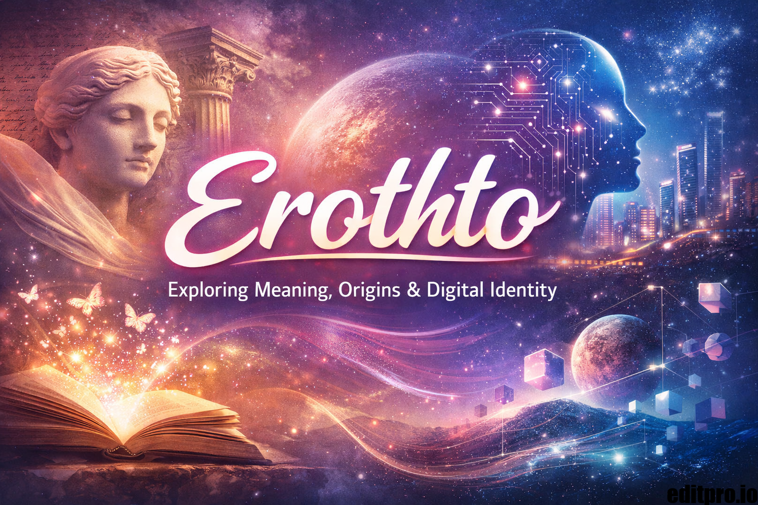 Erothto concept illustration showing blend of mythology, creativity, and futuristic digital identity