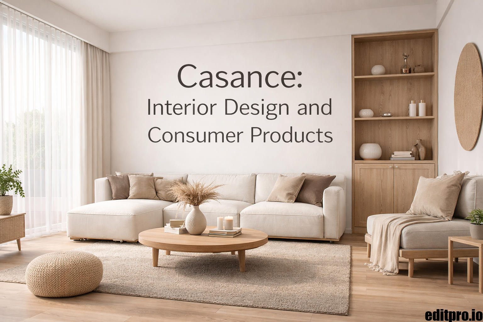 A minimalist and elegant living space inspired by Casance design with neutral tones, natural textures, and soft lighting.