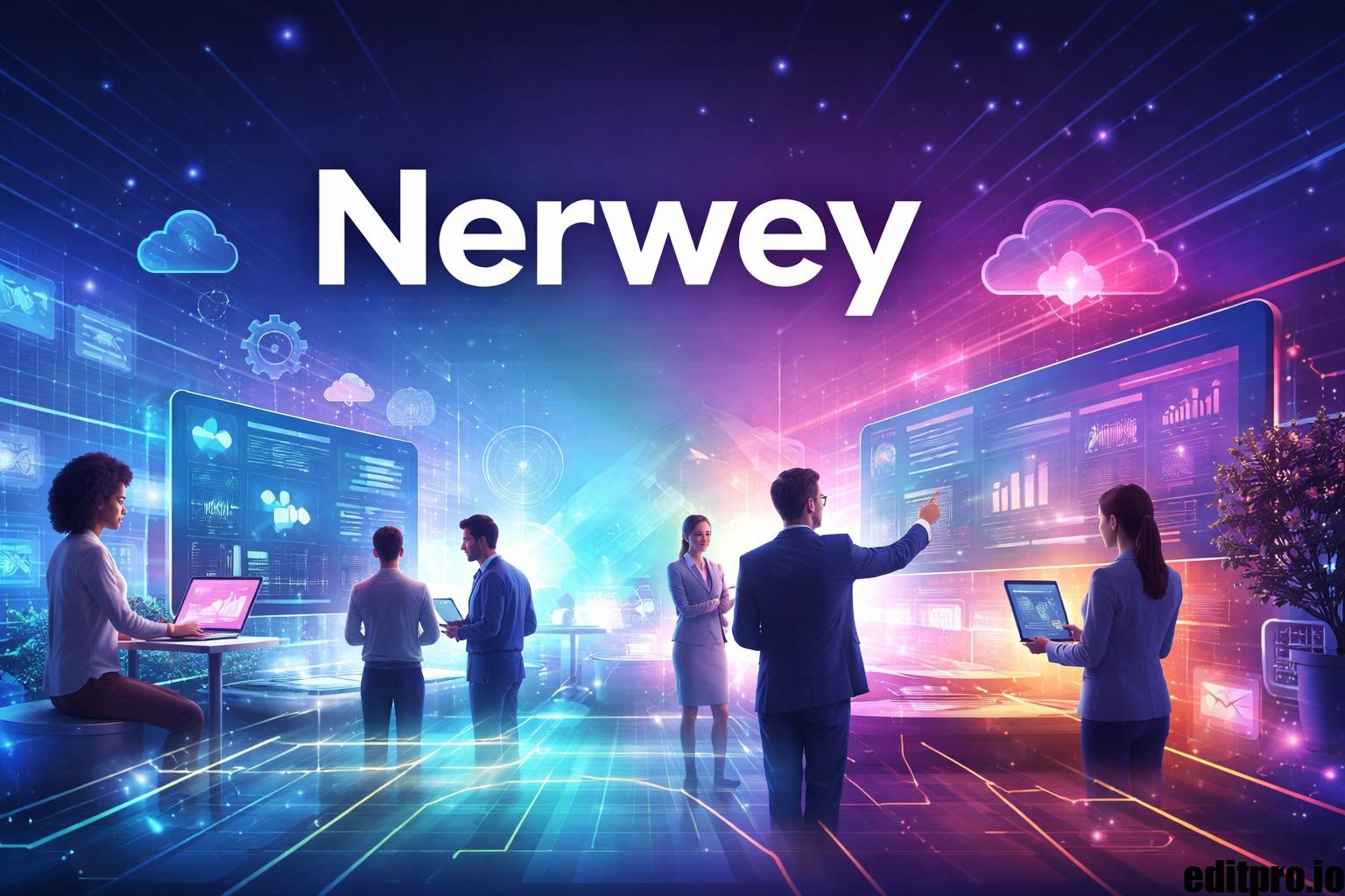 Professionals collaborating using digital tools with abstract tech and data visuals, representing Nerwey framework.